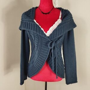 Blue Off Shoulder Front Tie Cozy Cardigan Sweater Shawl Hekla And Co Medium